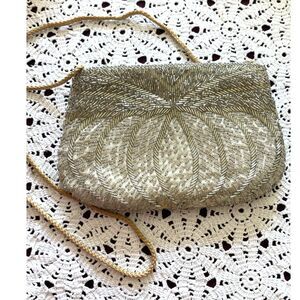 Vintage 1960s Beaded Silk Formal Wedding Party Fancy Handbag Purse w/Strap